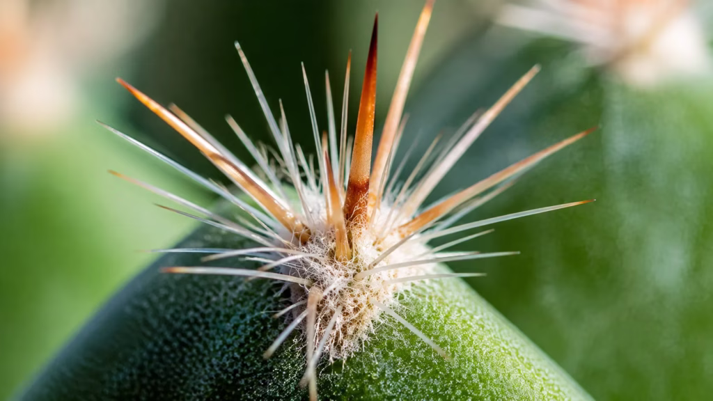 Close-up macro fotográfico de alta resolução de uma aréola de cacto (Opuntia ou Mammillaria