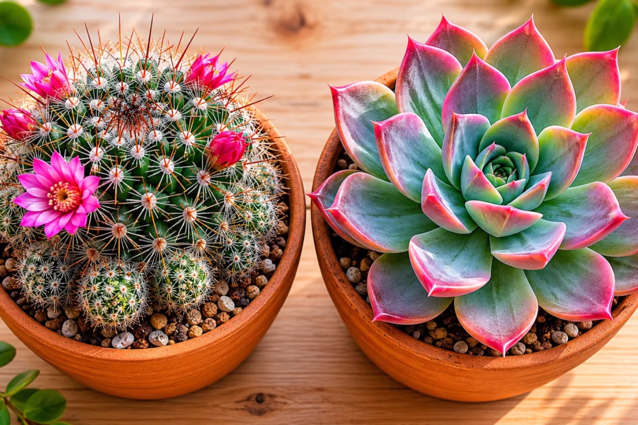 cacto do deserto e suculenta tipo Echeveria com roseta colorida