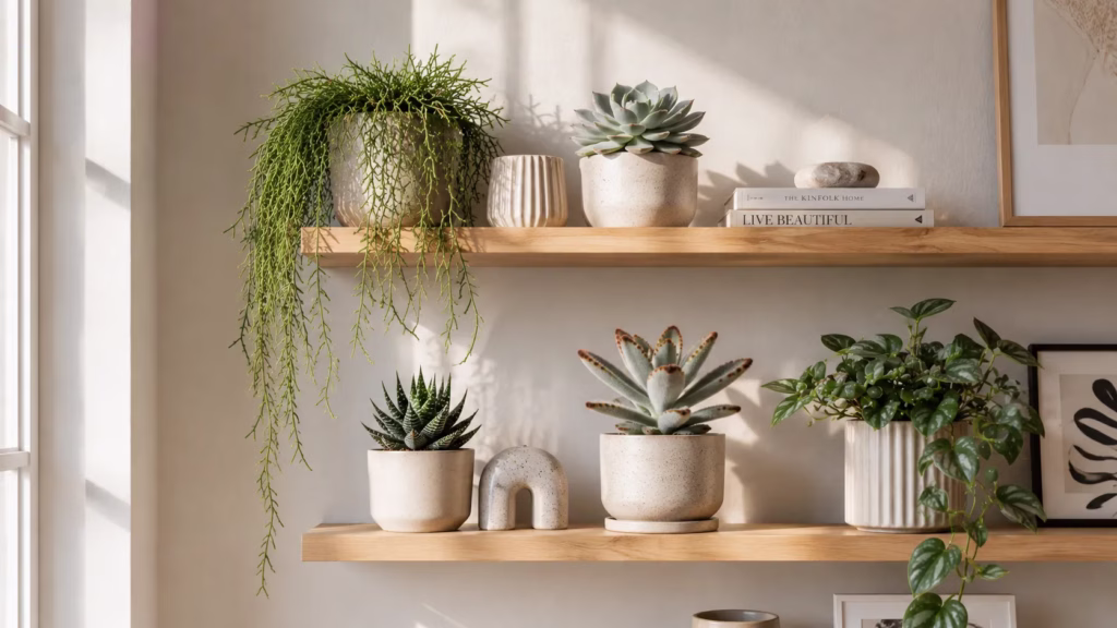 cheveria, Rhipsalis pendente, Haworthia e Kalanchoe