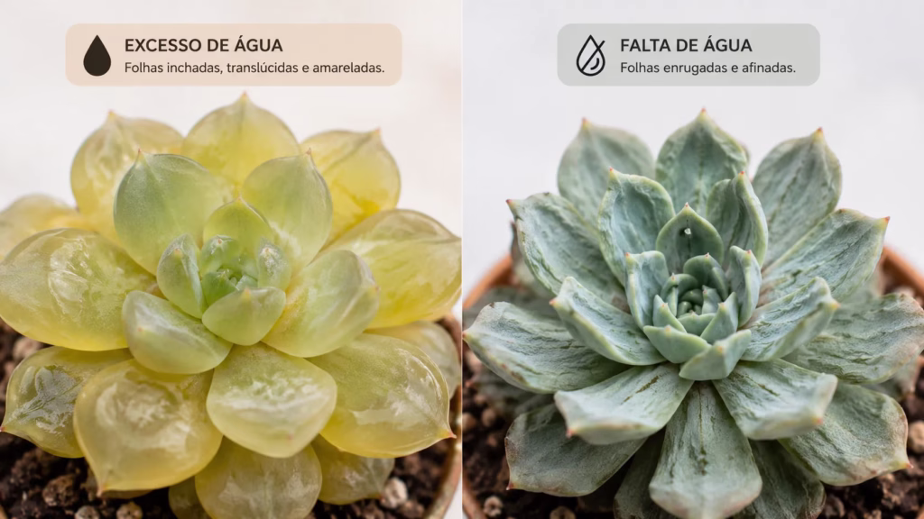 suculenta com folhas inchadas, translúcidas e amareladas (excesso de água)