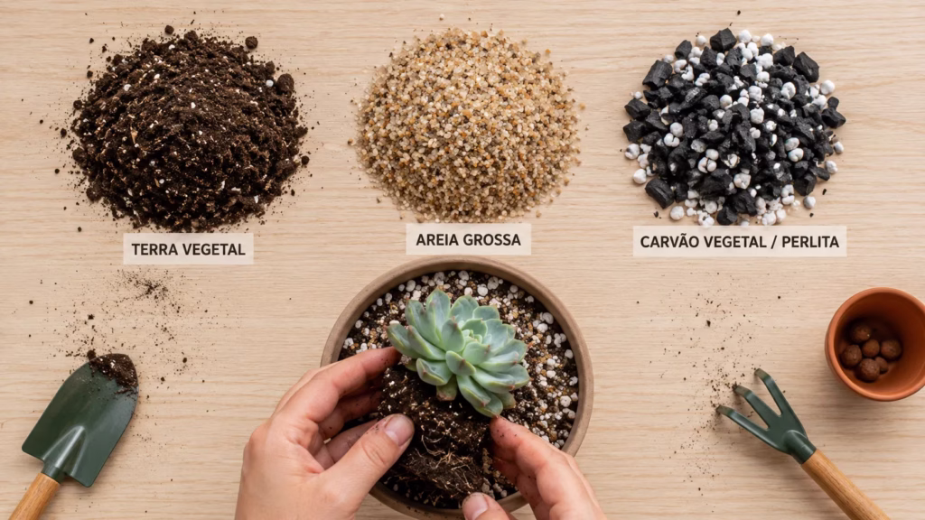 terra vegetal, areia grossa e carvão vegetalperlita