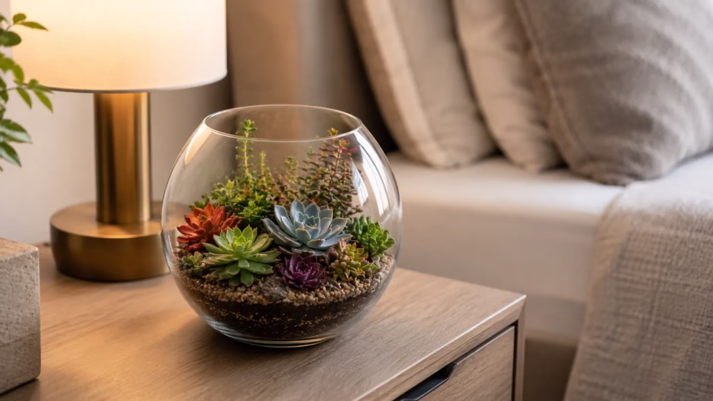 terrário aberto de vidro esférico com suculentas multicoloridas
